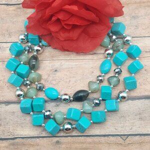 Silver Tone Faux Turquoise Statement Necklace Multi Strand Beaded Collar 21"